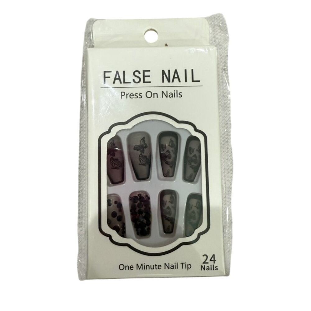 Medium Coffin Black Butterfly Bedazzled Press On Nails​​
